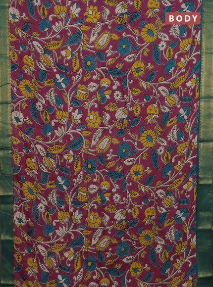 Kalamkari semi silk saree dark magenta pink and green with allover prints and mangalgiri border