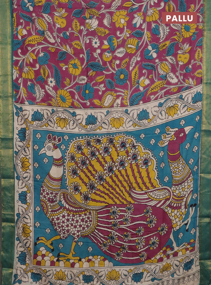 Kalamkari semi silk saree dark magenta pink and green with allover prints and mangalgiri border