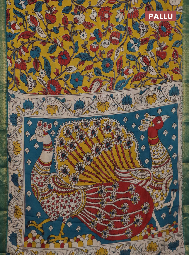 Kalamkari semi silk saree yellow and green with allover prints and mangalgiri border