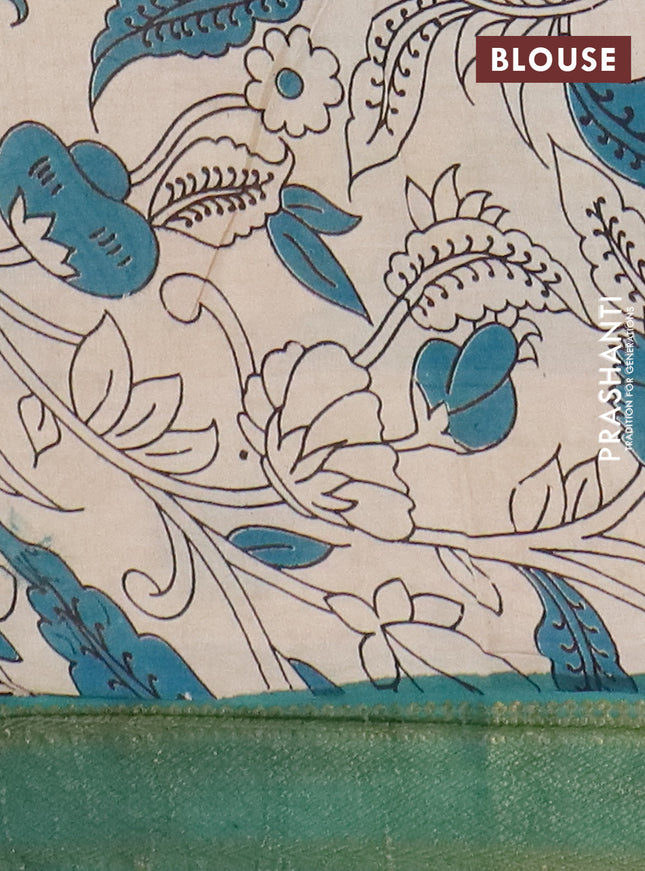 Kalamkari semi silk saree yellow and green with allover prints and mangalgiri border