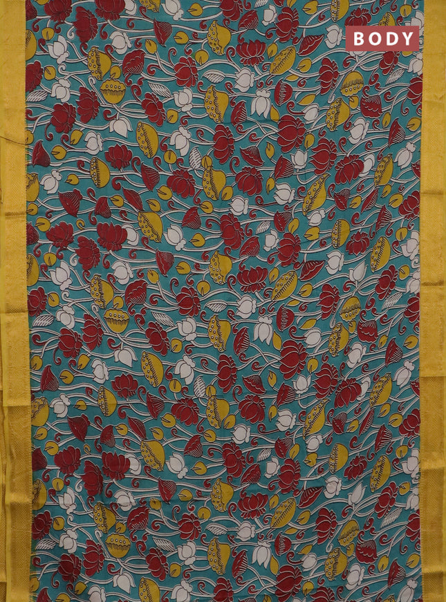 Kalamkari semi silk saree teal green and lime yellow with allover prints and mangalgiri border