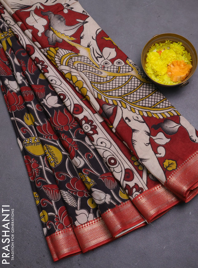 Kalamkari semi silk saree black and rust shade with allover prints and mangalgiri border