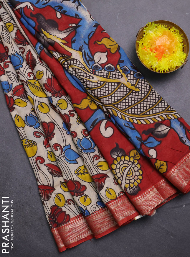 Kalamkari semi silk saree beige and rust shade with allover prints and mangalgiri border