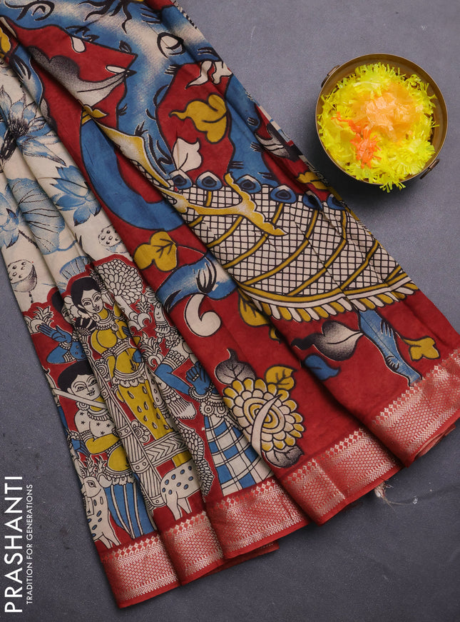 Kalamkari semi silk saree beige and rust shade with allover prints and mangalgiri border