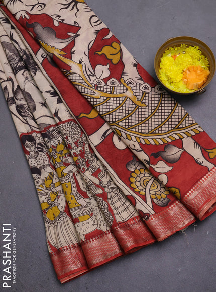 Kalamkari semi silk saree beige and rust shade with allover prints and mangalgiri border