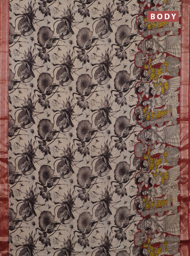 Kalamkari semi silk saree beige and rust shade with allover prints and mangalgiri border