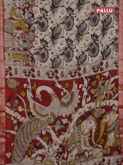Kalamkari semi silk saree beige and rust shade with allover prints and mangalgiri border