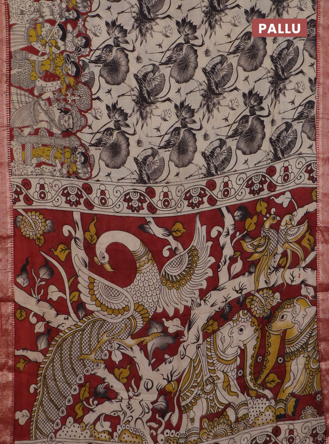 Kalamkari semi silk saree beige and rust shade with allover prints and mangalgiri border