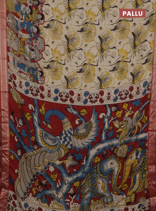 Kalamkari semi silk saree beige and rust shade with allover prints and mangalgiri border