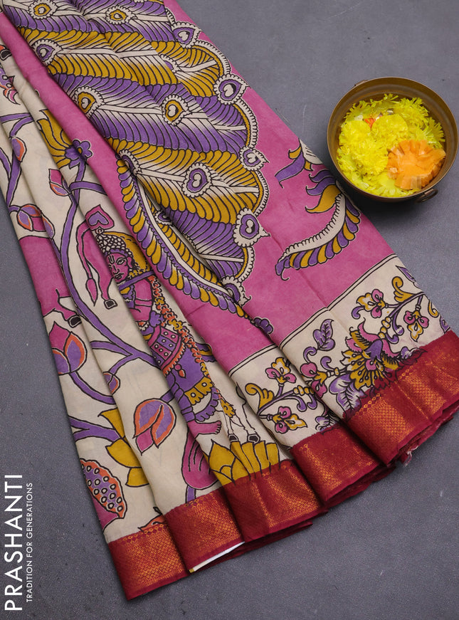 Kalamkari semi silk saree beige and dark magenta with allover prints and mangalgiri border