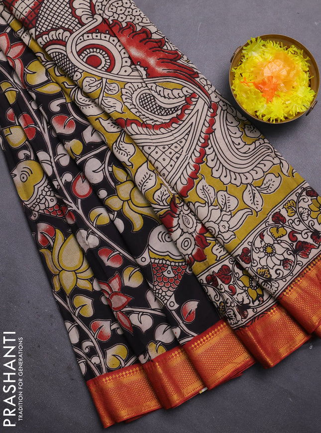 Kalamkari semi silk saree black and rust shade with allover prints and mangalgiri border