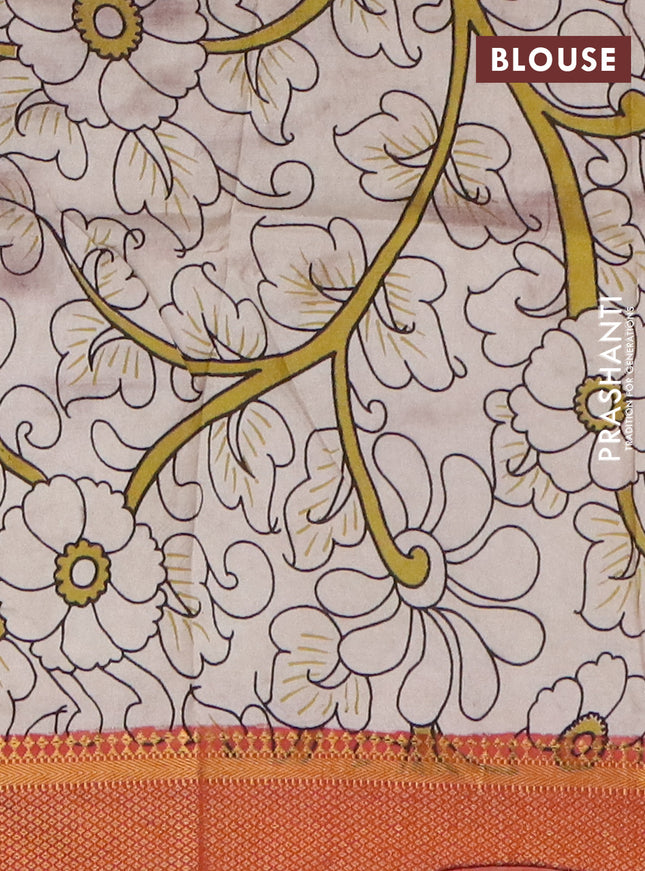 Kalamkari semi silk saree black and rust shade with allover prints and mangalgiri border