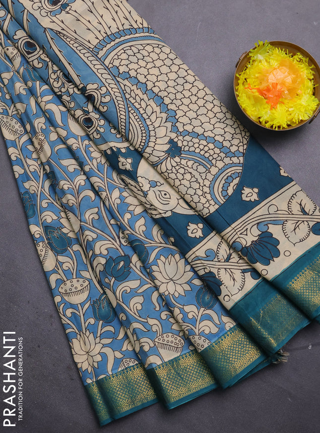 Kalamkari semi silk saree light blue and teal green with allover prints and mangalgiri border