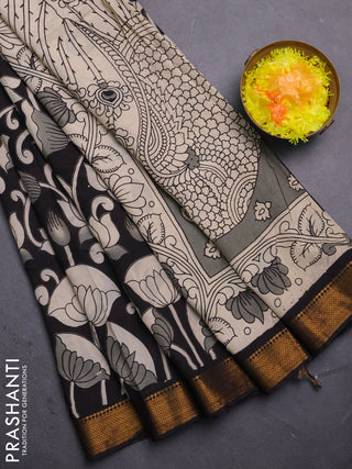 Kalamkari semi silk saree black with allover prints and mangalgiri border