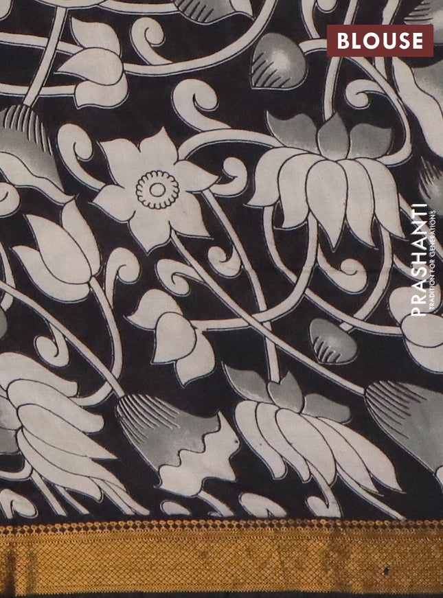 Kalamkari semi silk saree black with allover prints and mangalgiri border