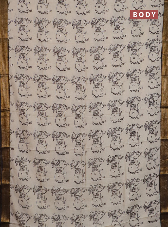 Kalamkari semi silk saree beige and black with allover pichwai butta prints and mangalgiri border