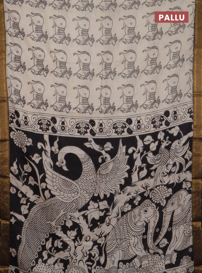 Kalamkari semi silk saree beige and black with allover pichwai butta prints and mangalgiri border