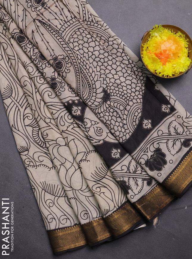 Kalamkari semi silk saree beige and black with allover prints and mangalgiri border