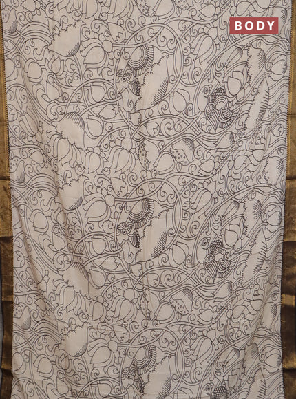 Kalamkari semi silk saree beige and black with allover prints and mangalgiri border