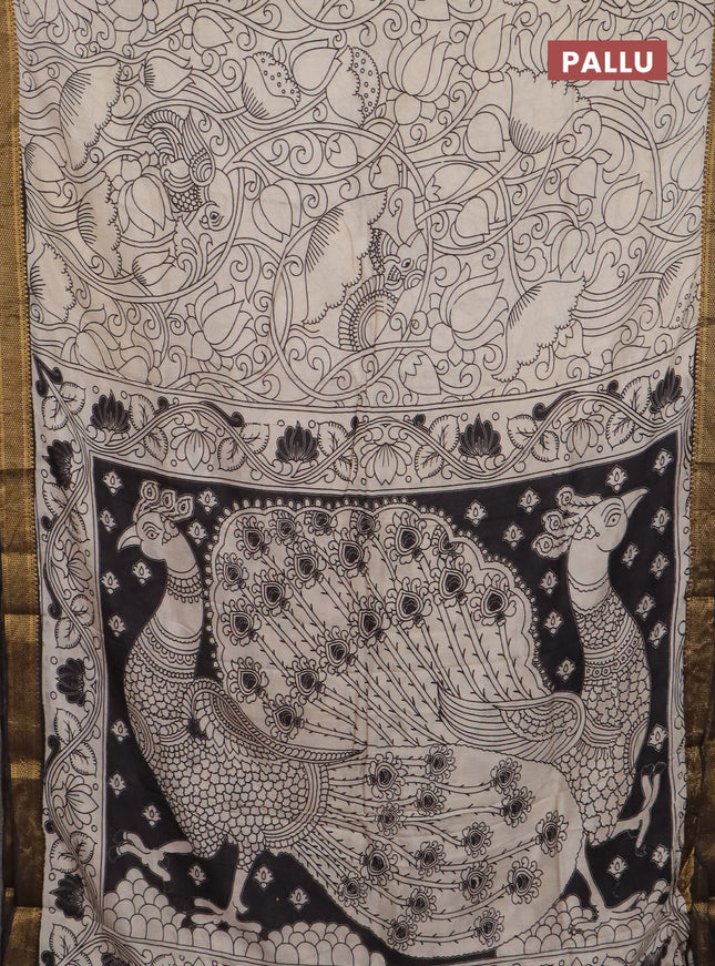 Kalamkari semi silk saree beige and black with allover prints and mangalgiri border