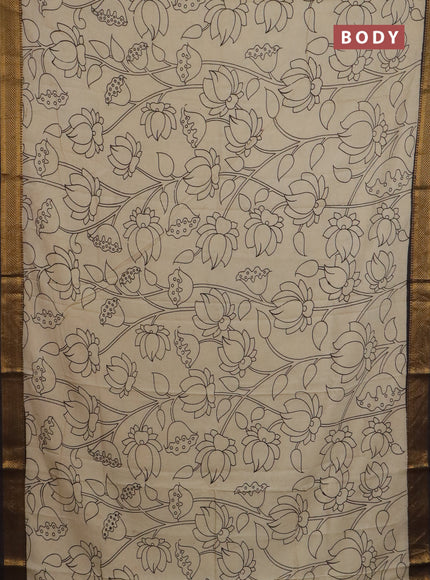 Kalamkari semi silk saree beige and brown with allover prints and mangalgiri border
