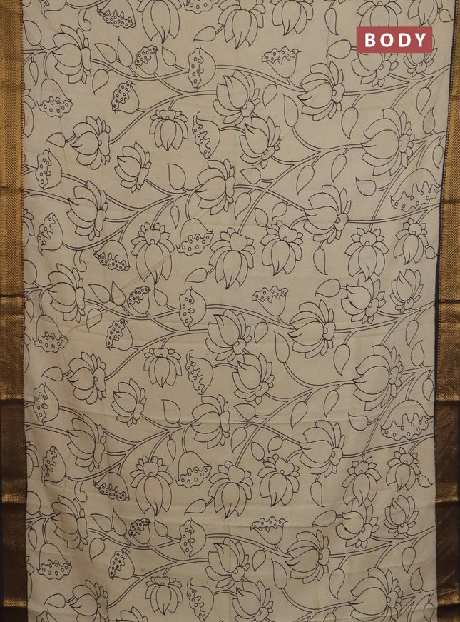 Kalamkari semi silk saree beige and brown with allover prints and mangalgiri border