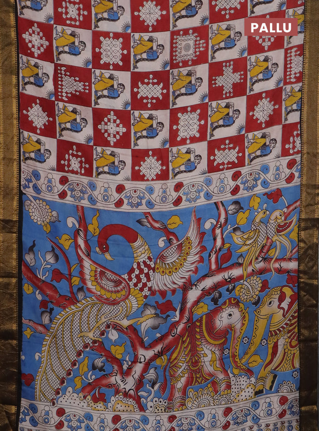 Kalamkari semi silk saree beige maroon and black with allover prints and mangalgiri border