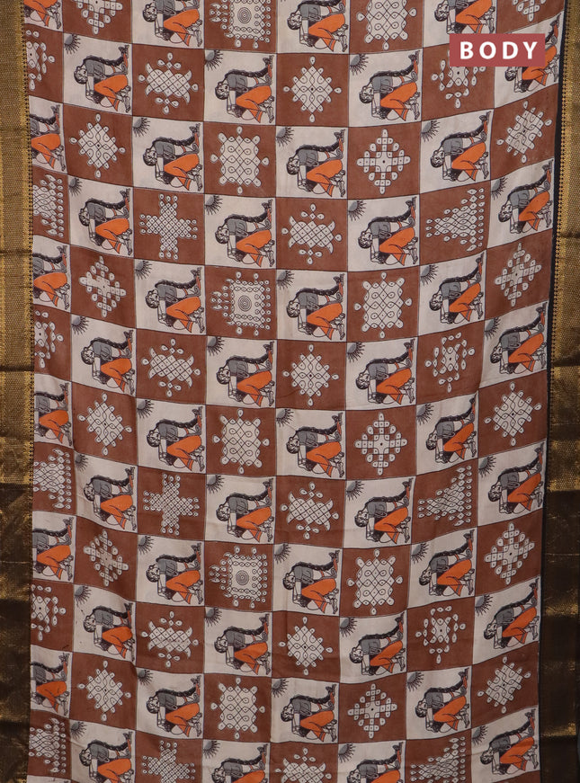 Kalamkari semi silk saree beige brown and black with allover prints and mangalgiri border