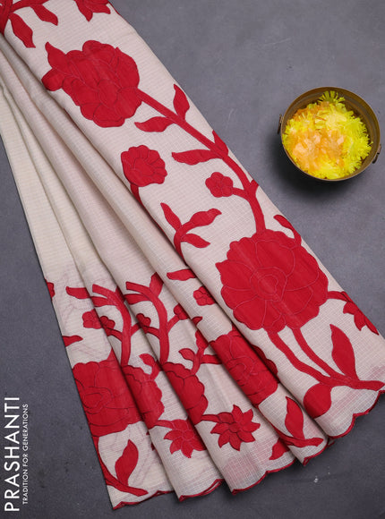 Kota saree beige and red with floral applique work
