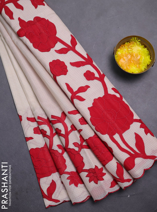 Kota saree beige and red with floral applique work