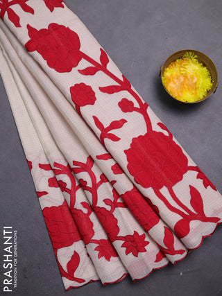 Kota saree beige and red with floral applique work