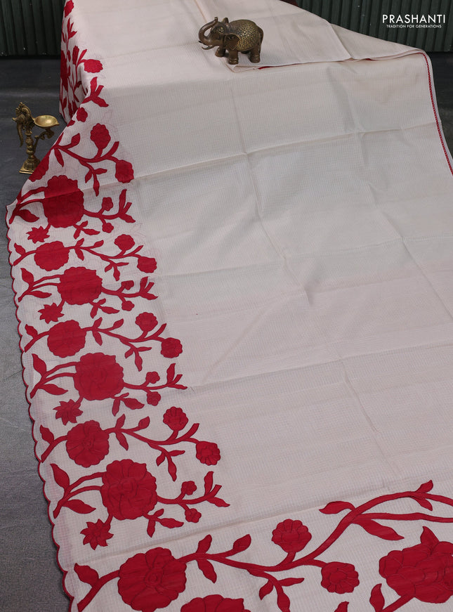 Kota saree beige and red with floral applique work