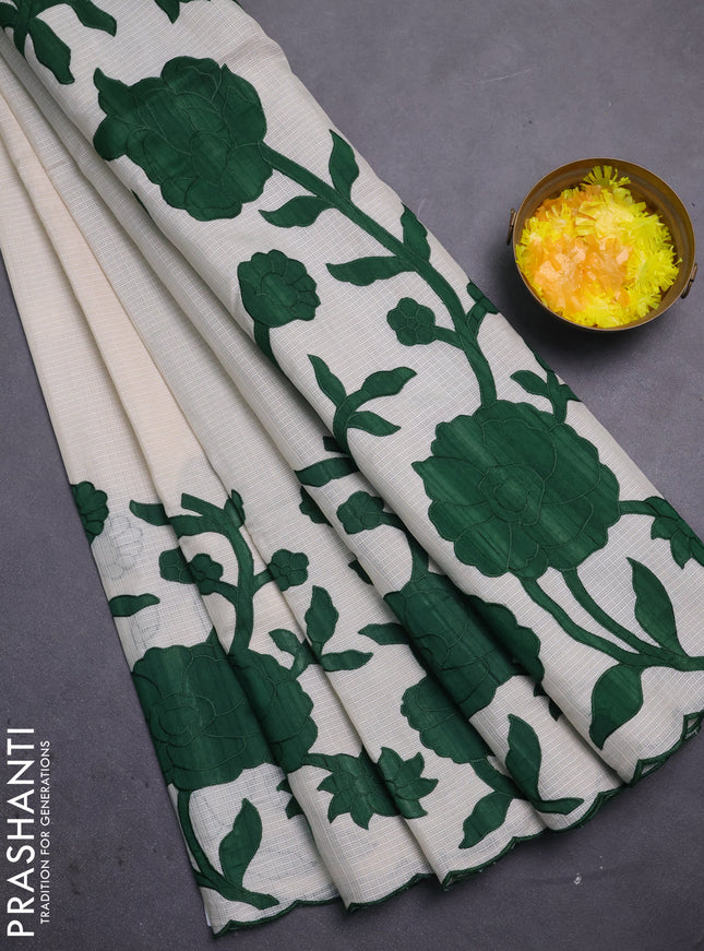 Kota saree beige and green with floral applique work Return 6 sarees