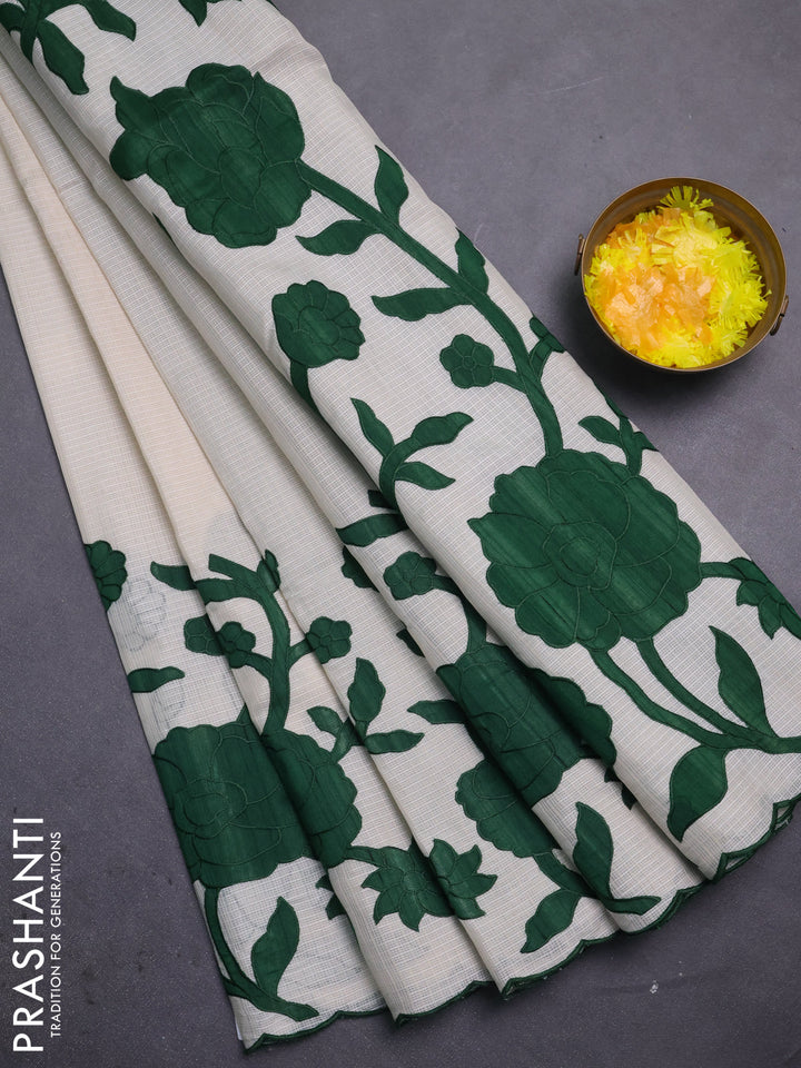 Kota saree beige and green with floral applique work