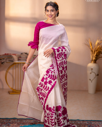 Kota saree beige and purple with floral applique work