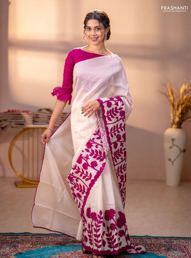 Kota saree beige and purple with floral applique work