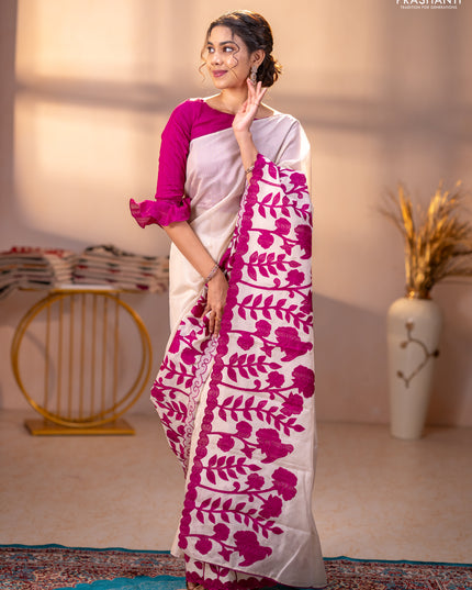 Kota saree beige and purple with floral applique work