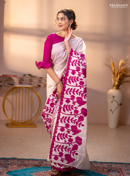 Kota saree beige and purple with floral applique work