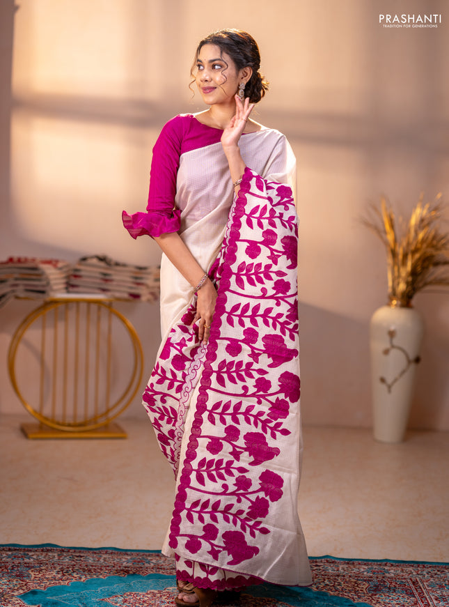 Kota saree beige and purple with floral applique work