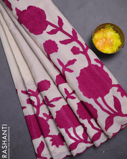 Kota saree beige and purple with floral applique work