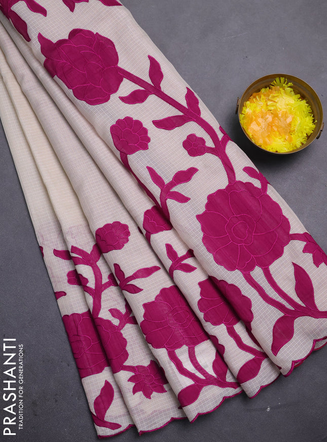 Kota saree beige and purple with floral applique work