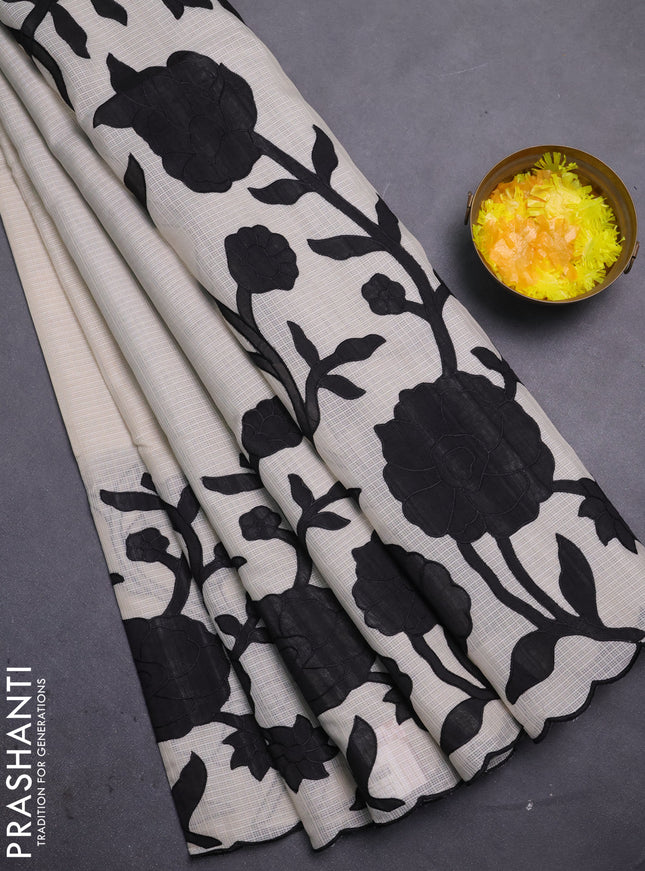 Kota saree beige and black with floral applique work