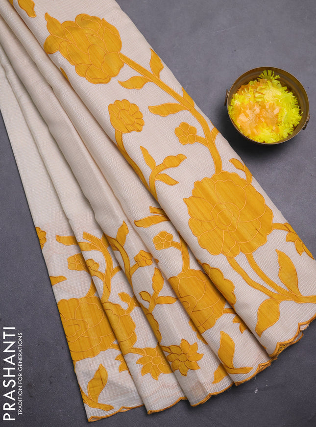 Kota saree beige and mustard yellow with floral applique work
