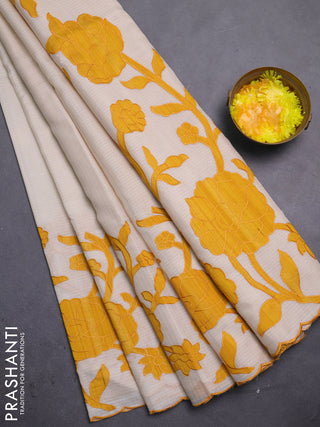 Kota saree beige and mustard yellow with floral applique work