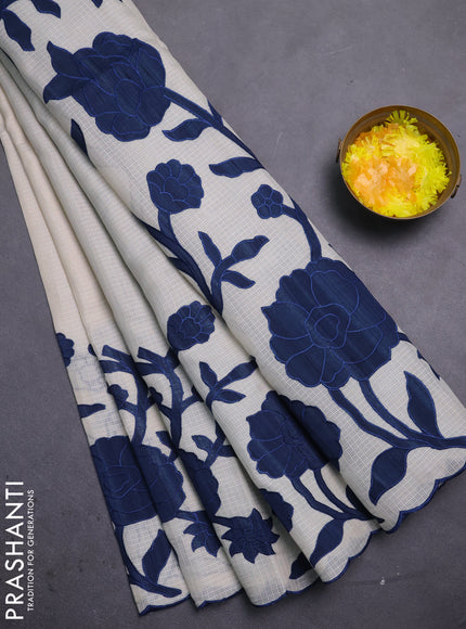 Kota saree beige and peacock blue with floral applique work