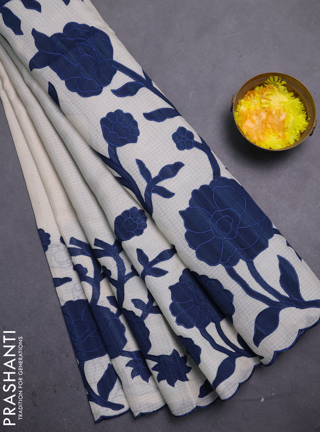 Kota saree beige and peacock blue with floral applique work