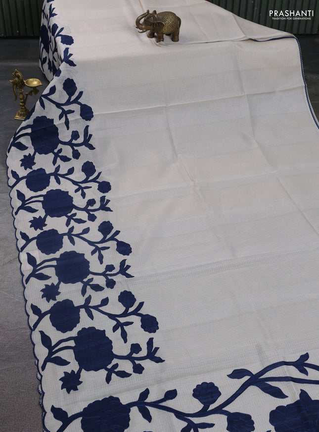 Kota saree beige and peacock blue with floral applique work