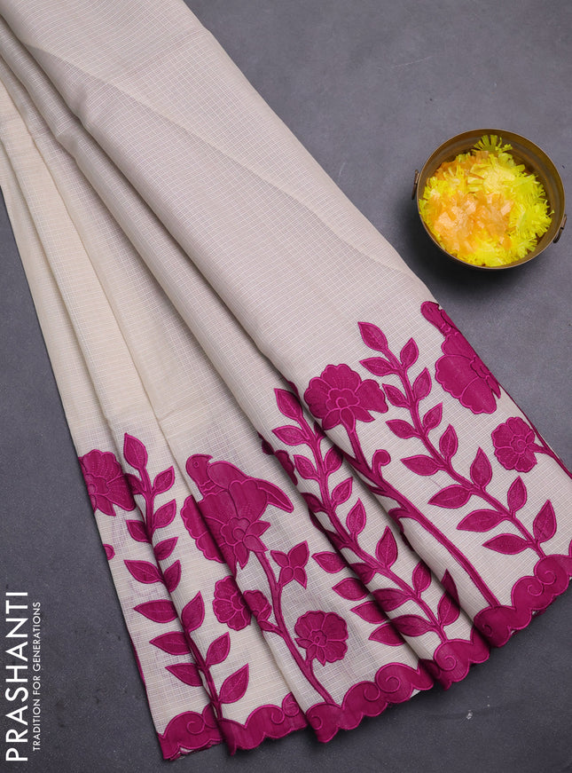 Kota saree beige and purple with kalamkari applique work