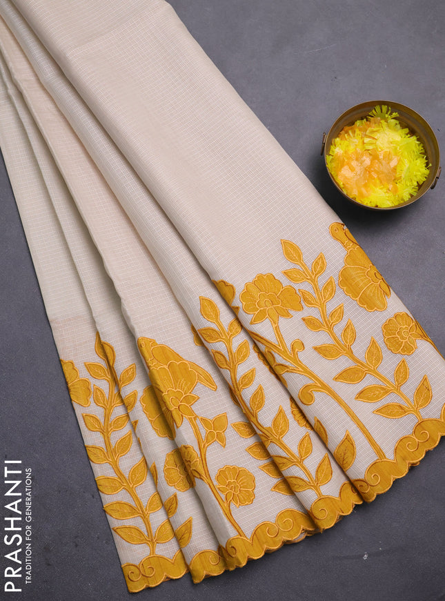 Kota saree beige and mustard yellow with kalamkari applique work