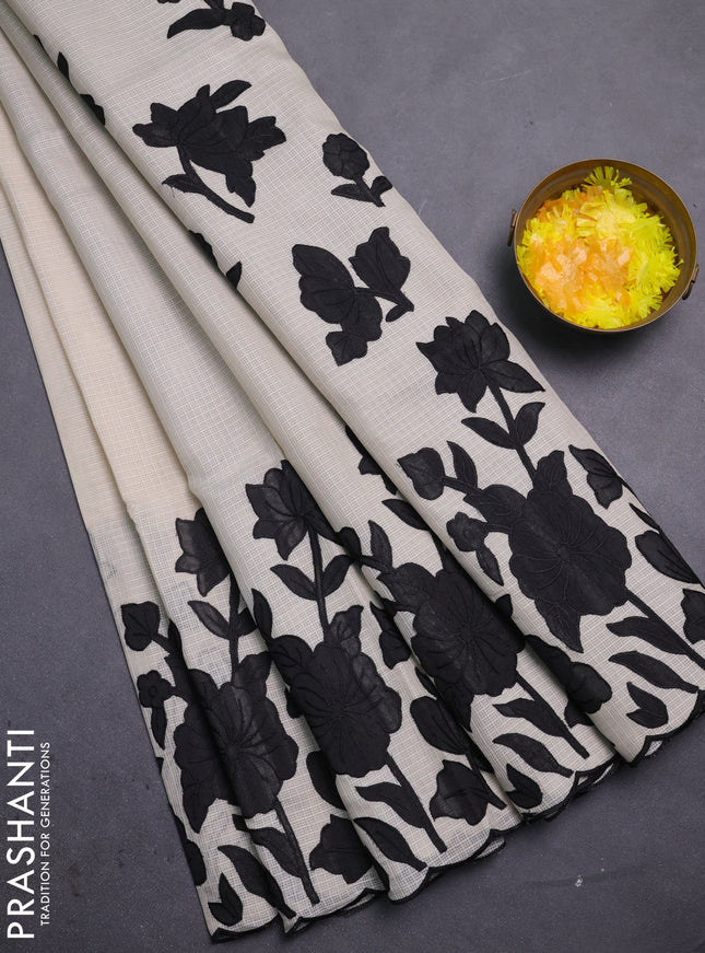 Kota saree beige and black with floral applique work